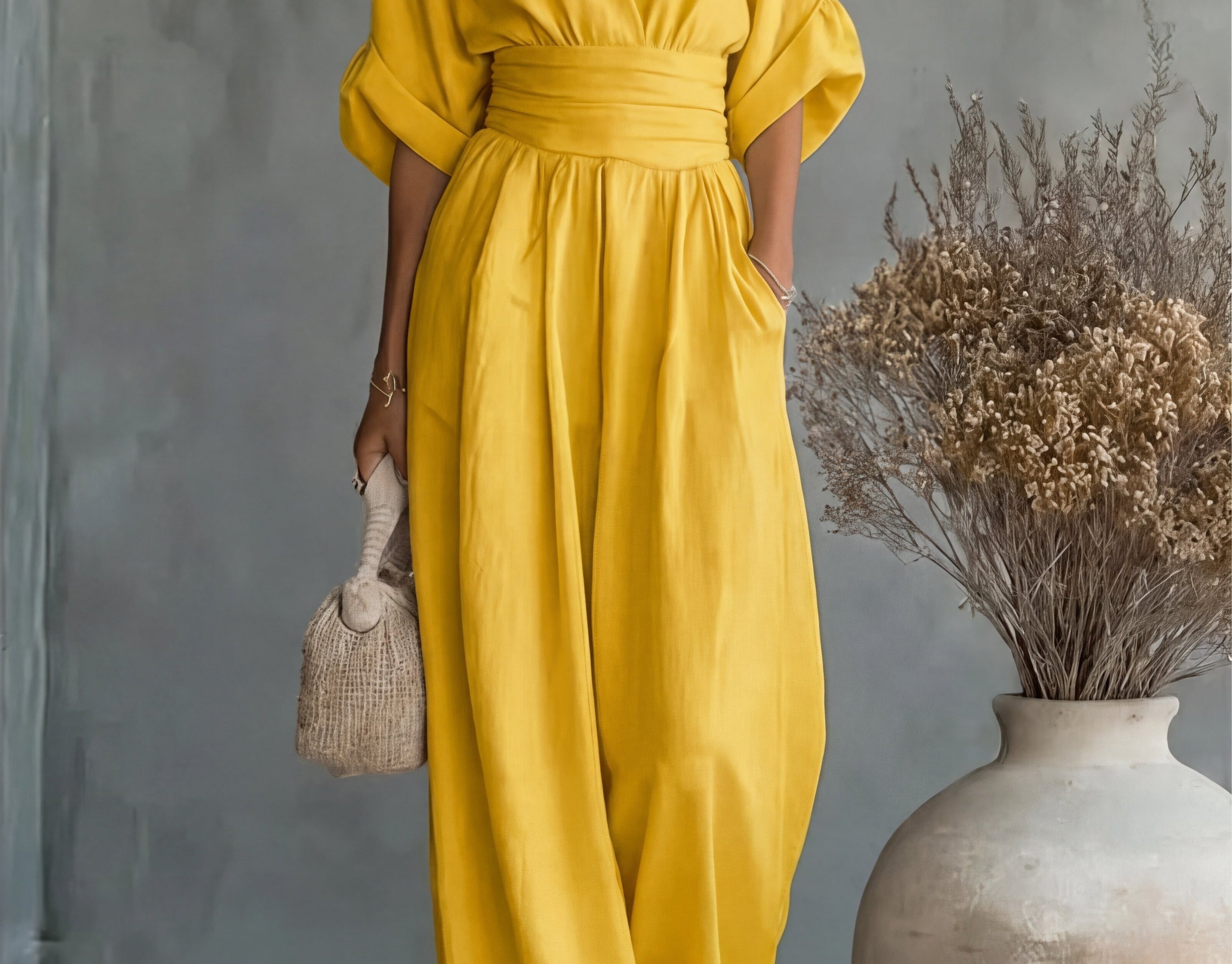 Saffron - Women's Wrap Neckline Wide-Leg Jumpsuit - Yellow