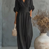 Saffron - Women's Wrap Neckline Wide-Leg Jumpsuit - Black