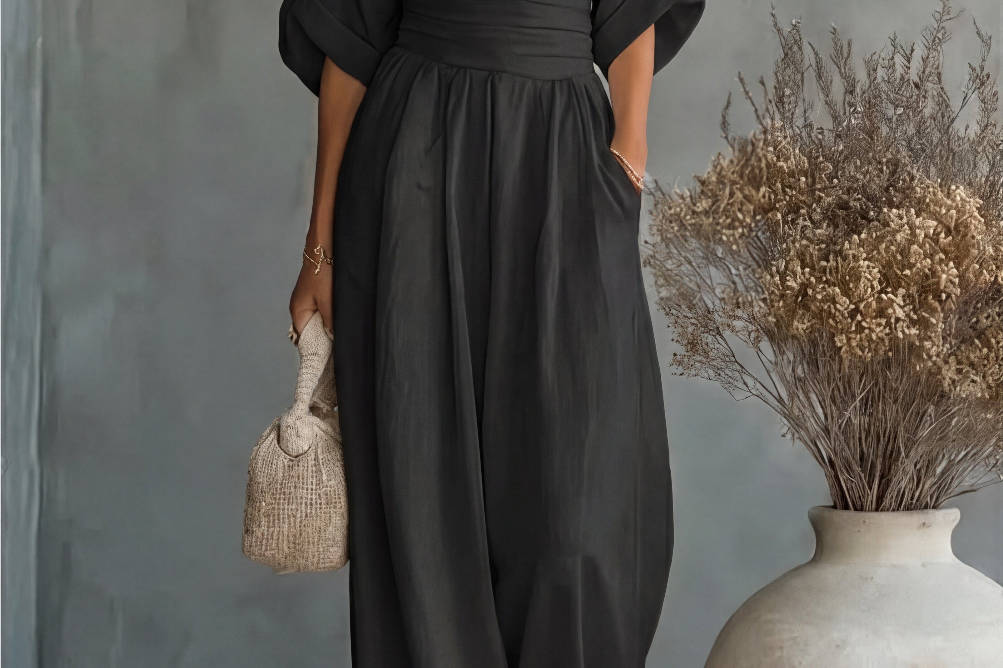 Saffron - Women's Wrap Neckline Wide-Leg Jumpsuit - Black