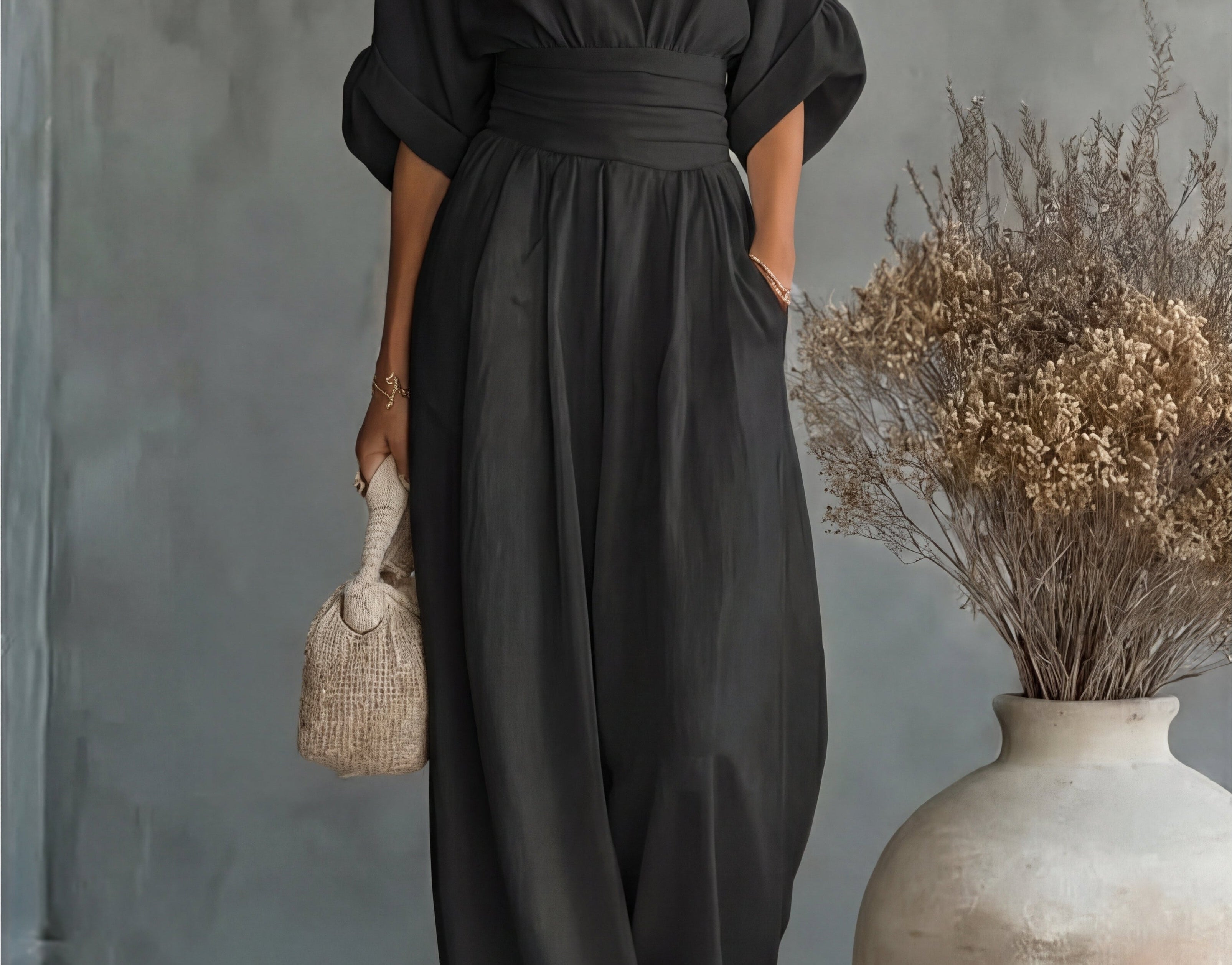 Saffron - Women's Wrap Neckline Wide-Leg Jumpsuit - Black