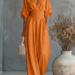 Saffron - Women's Wrap Neckline Wide-Leg Jumpsuit - Orange