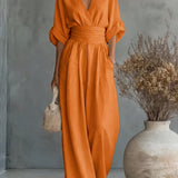 Saffron - Women's Wrap Neckline Wide-Leg Jumpsuit - Orange