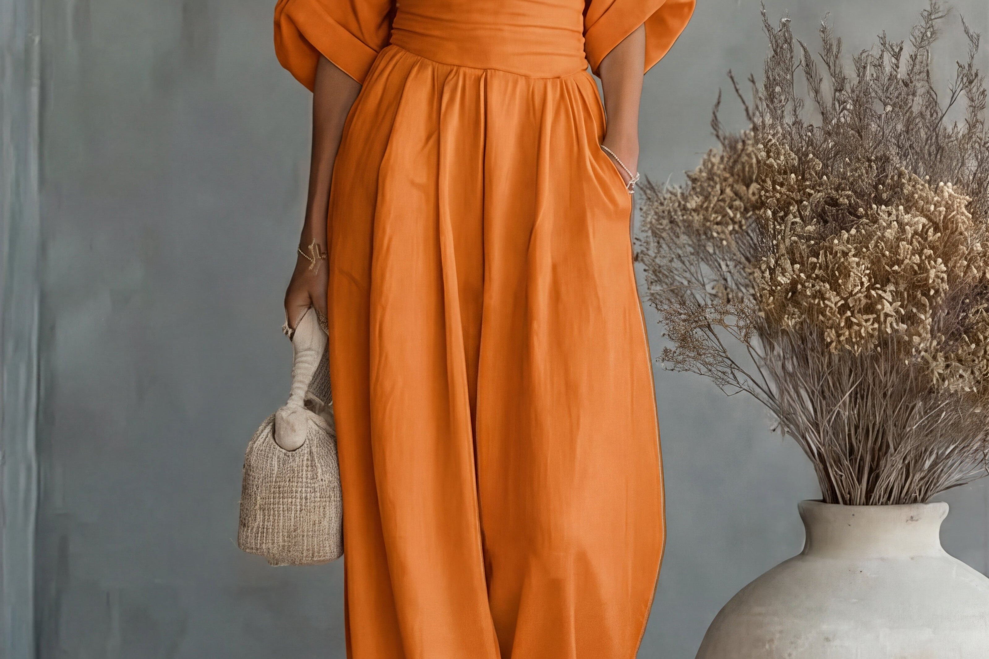 Saffron - Women's Wrap Neckline Wide-Leg Jumpsuit - Orange