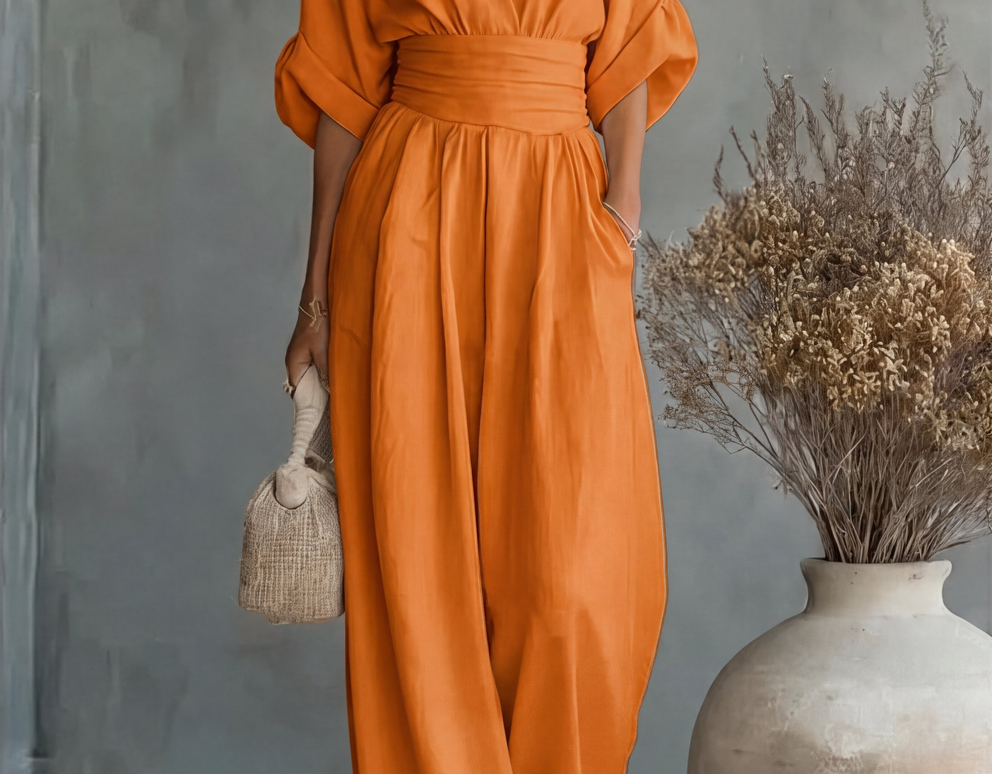 Saffron - Women's Wrap Neckline Wide-Leg Jumpsuit - Orange
