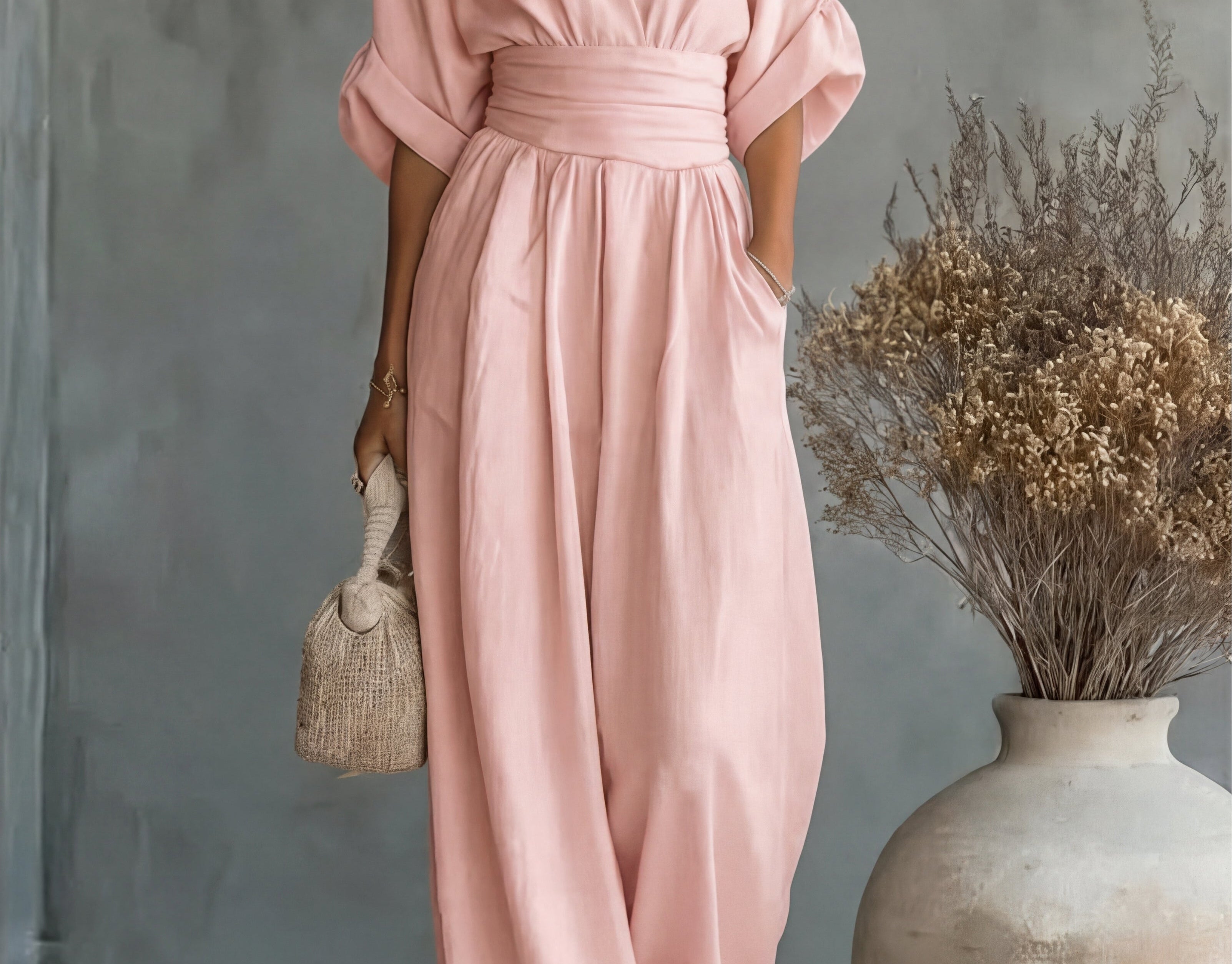 Saffron - Women's Wrap Neckline Wide-Leg Jumpsuit - Pink