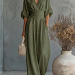 Saffron - Women's Wrap Neckline Wide-Leg Jumpsuit - Green