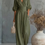 Saffron - Women's Wrap Neckline Wide-Leg Jumpsuit - Green