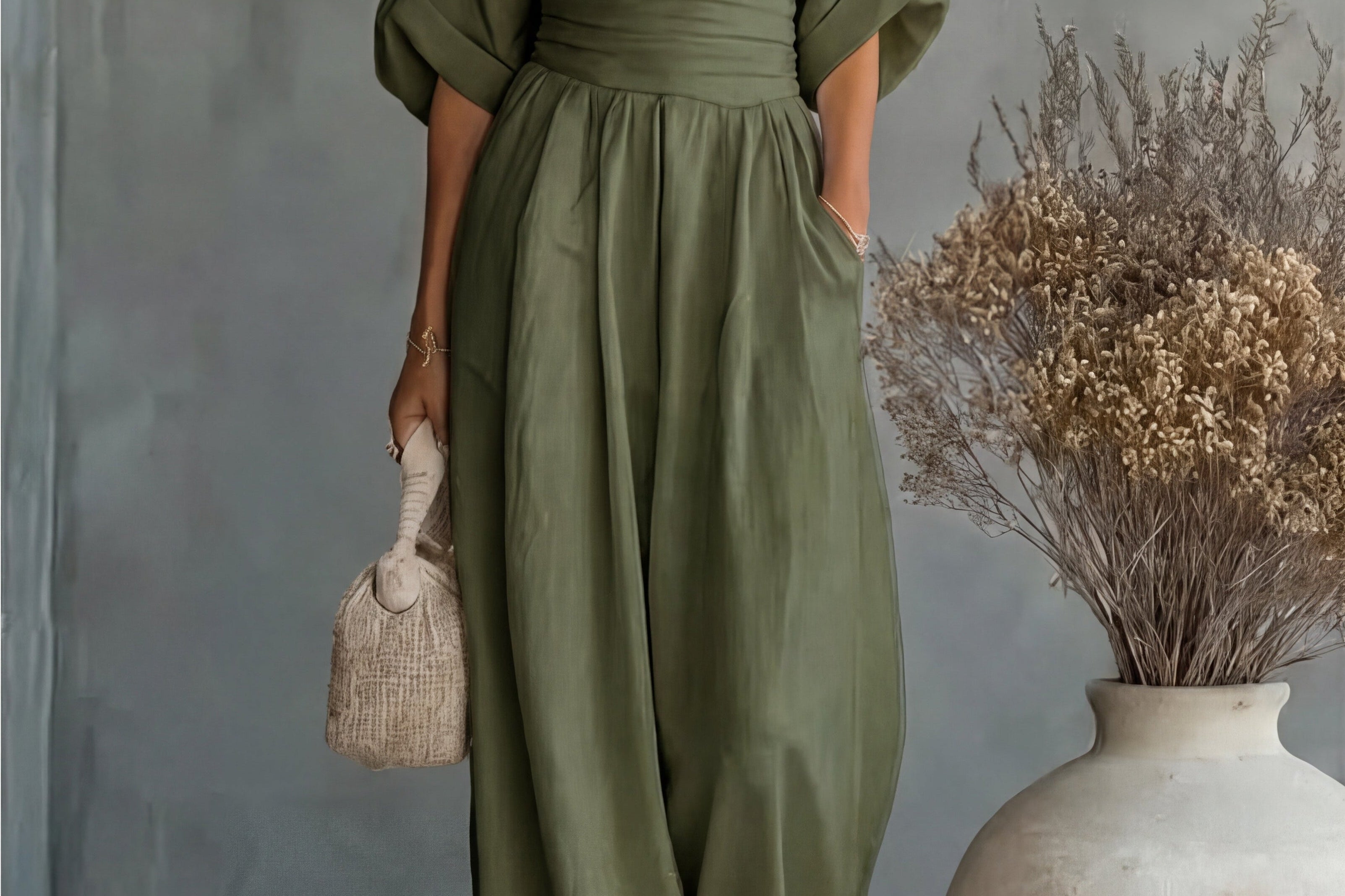 Saffron - Women's Wrap Neckline Wide-Leg Jumpsuit - Green