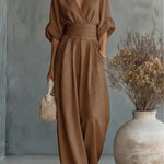 Saffron - Women's Wrap Neckline Wide-Leg Jumpsuit - Brown