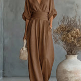 Saffron - Women's Wrap Neckline Wide-Leg Jumpsuit - Brown