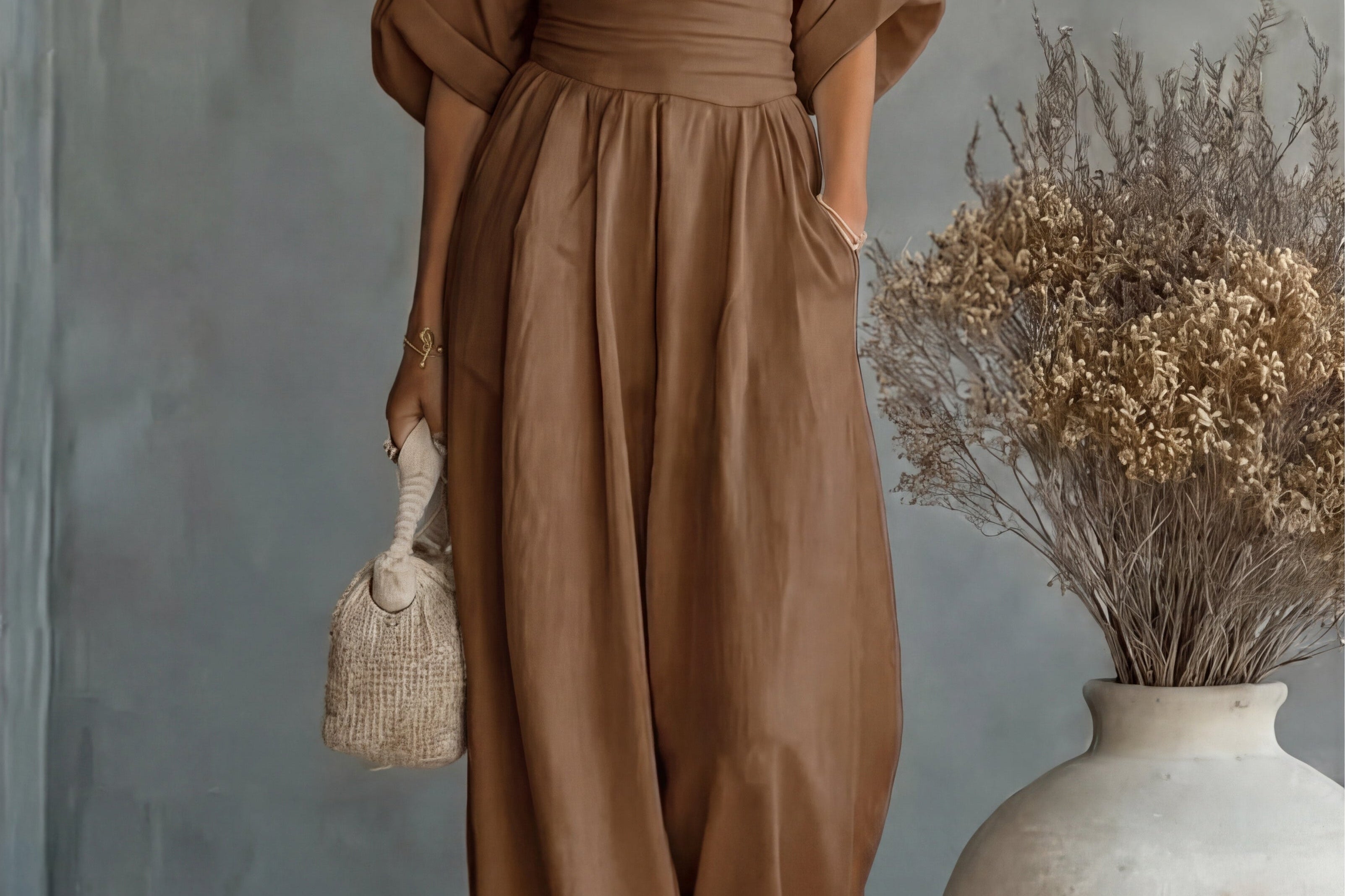Saffron - Women's Wrap Neckline Wide-Leg Jumpsuit - Brown