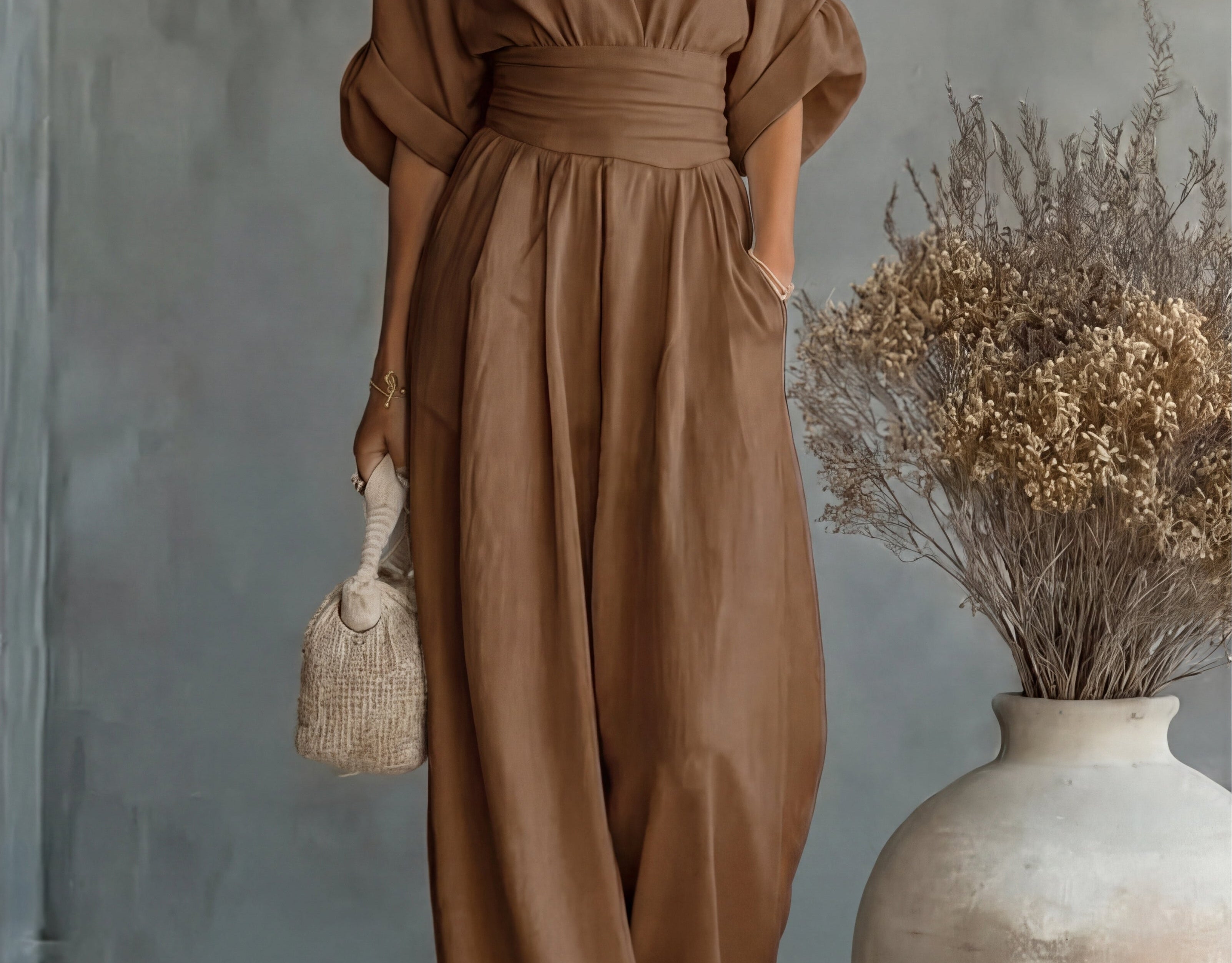 Saffron - Women's Wrap Neckline Wide-Leg Jumpsuit - Brown