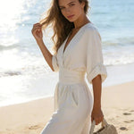 Saffron - Women's Wrap Neckline Wide-Leg Jumpsuit