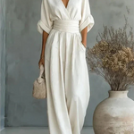 Saffron - Women's Wrap Neckline Wide-Leg Jumpsuit