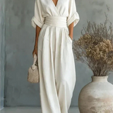 Saffron - Women's Wrap Neckline Wide-Leg Jumpsuit