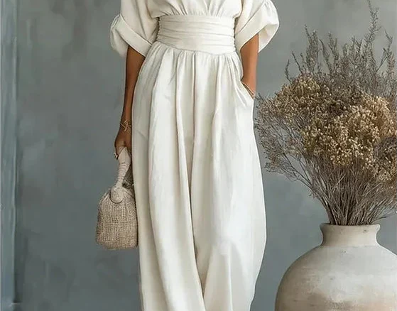 Saffron - Women's Wrap Neckline Wide-Leg Jumpsuit