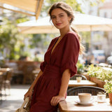 Saffron - Women's Wrap Neckline Wide-Leg Jumpsuit