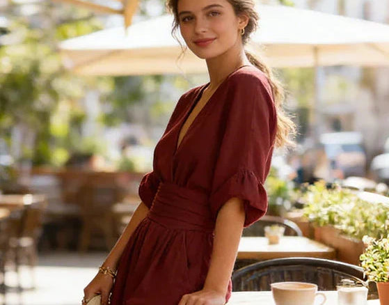 Saffron - Women's Wrap Neckline Wide-Leg Jumpsuit