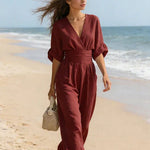 Saffron - Women's Wrap Neckline Wide-Leg Jumpsuit