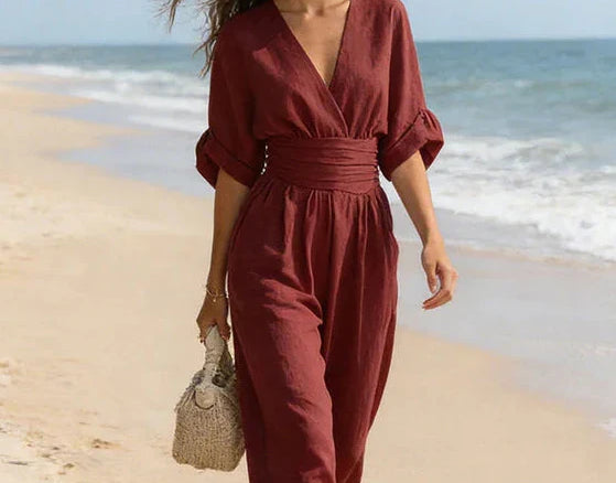 Saffron - Women's Wrap Neckline Wide-Leg Jumpsuit