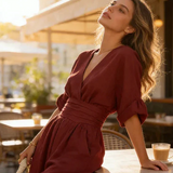 Saffron - Women's Wrap Neckline Wide-Leg Jumpsuit