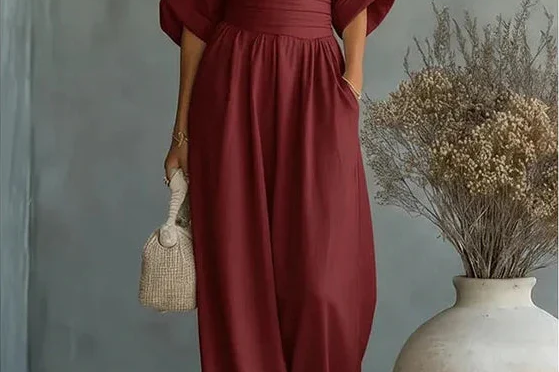 Saffron - Women's Wrap Neckline Wide-Leg Jumpsuit - Burgundy