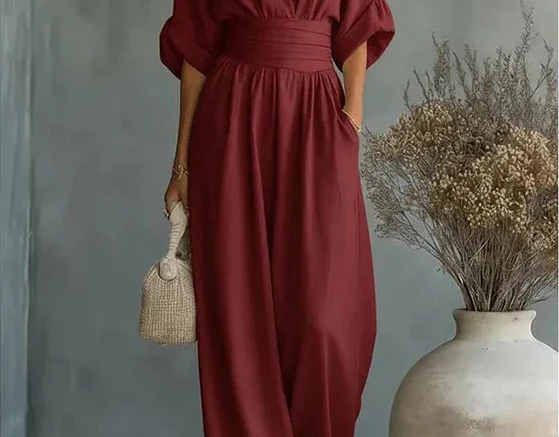 Saffron - Women's Wrap Neckline Wide-Leg Jumpsuit - Burgundy