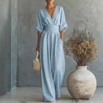 Sandy - Women's Wrap V Neck Wide Leg Jumpsuit - Sky Blue