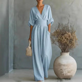 Sandy - Women's Wrap V Neck Wide Leg Jumpsuit - Sky Blue