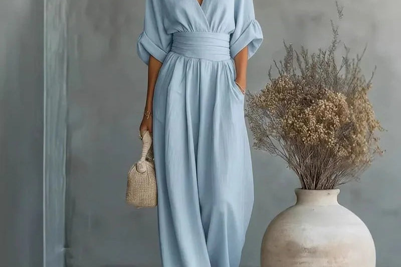 Sandy - Women's Wrap V Neck Wide Leg Jumpsuit - Sky Blue