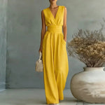 Sandy - Women's Wrap V Neck Wide Leg Jumpsuit - Sleeveless Yellow