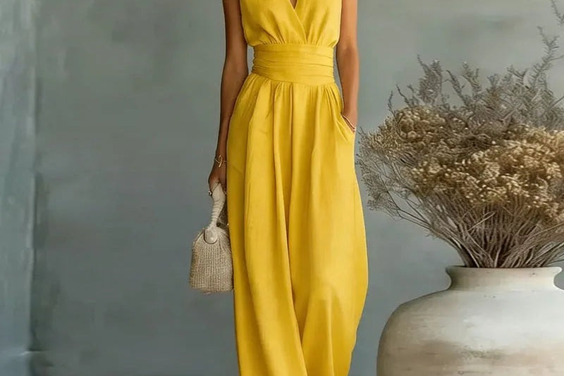 Sandy - Women's Wrap V Neck Wide Leg Jumpsuit - Sleeveless Yellow