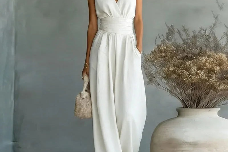 Sandy - Women's Wrap V Neck Wide Leg Jumpsuit - Sleeveless White