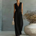 Sandy - Women's Wrap V Neck Wide Leg Jumpsuit - Sleeveless Black