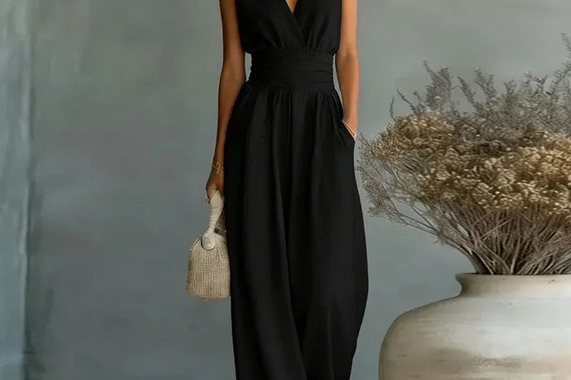 Sandy - Women's Wrap V Neck Wide Leg Jumpsuit - Sleeveless Black