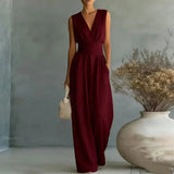 Sandy - Women's Wrap V Neck Wide Leg Jumpsuit - Sleeveless Burgundy