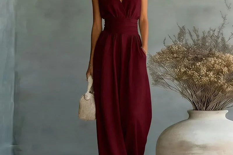 Sandy - Women's Wrap V Neck Wide Leg Jumpsuit - Sleeveless Burgundy