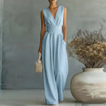 Sandy - Women's Wrap V Neck Wide Leg Jumpsuit - Sleeveless Sky Blue