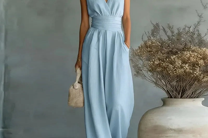 Sandy - Women's Wrap V Neck Wide Leg Jumpsuit - Sleeveless Sky Blue