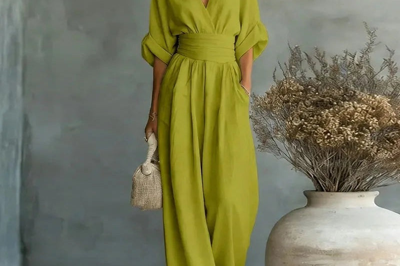 Sandy - Women's Wrap V Neck Wide Leg Jumpsuit - Green
