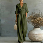 Sandy - Women's Wrap V Neck Wide Leg Jumpsuit - Army Green