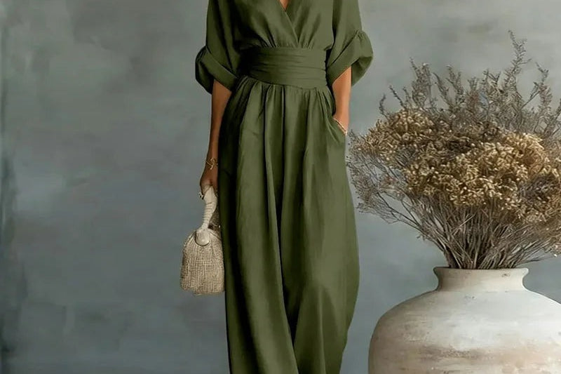 Sandy - Women's Wrap V Neck Wide Leg Jumpsuit - Army Green