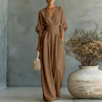 Sandy - Women's Wrap V Neck Wide Leg Jumpsuit - Dark Brown