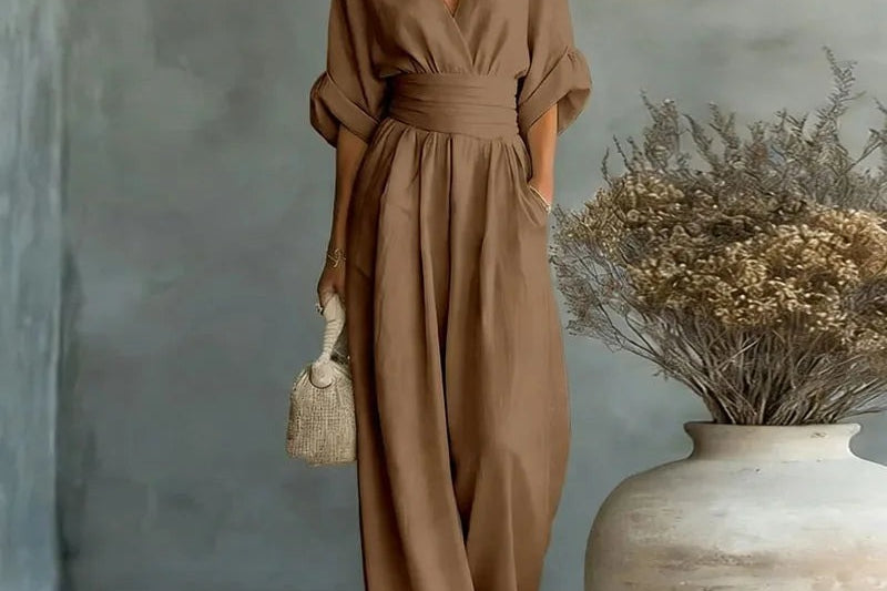 Sandy - Women's Wrap V Neck Wide Leg Jumpsuit - Dark Brown