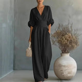 Sandy - Women's Wrap V Neck Wide Leg Jumpsuit - Black