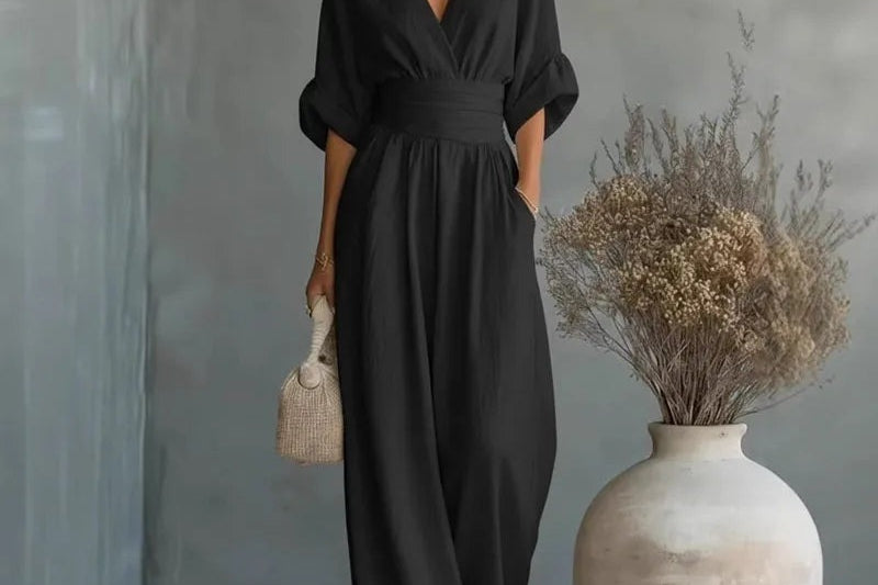 Sandy - Women's Wrap V Neck Wide Leg Jumpsuit - Black