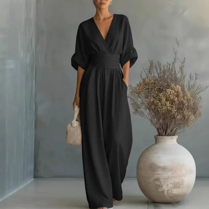 Sandy - Women's Wrap V Neck Wide Leg Jumpsuit - Black