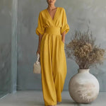 Sandy - Women's Wrap V Neck Wide Leg Jumpsuit - Yellow