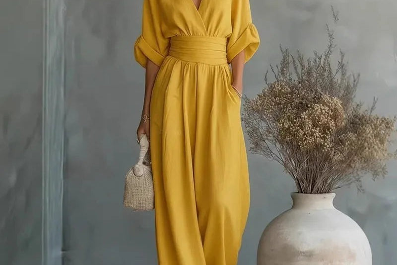 Sandy - Women's Wrap V Neck Wide Leg Jumpsuit - Yellow