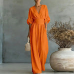 Sandy - Women's Wrap V Neck Wide Leg Jumpsuit - Orange